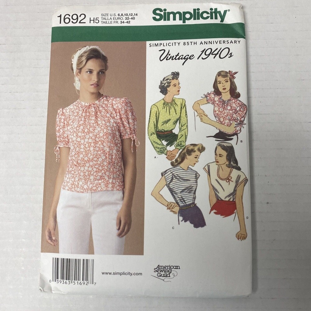 Vintage 1940s Blouse Top Pattern 1692 Simplicity Uncut Women's Size 6-14